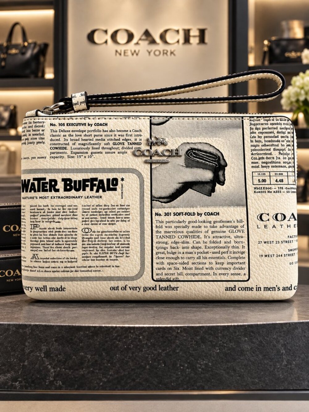COACH Vintage Newspaper Print Pebbled Leather Wristlet Wallet HIGHLY COLLECTIBLE